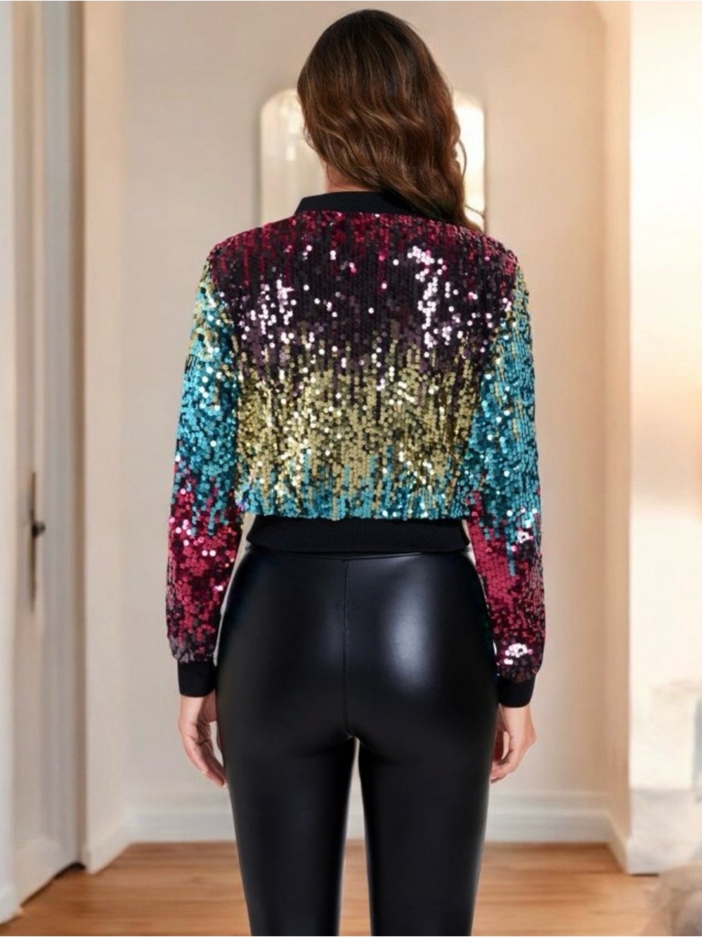 Anna-Kaci Women's Multicolor Sequin Bomber Jacket - Picture 2 of 10